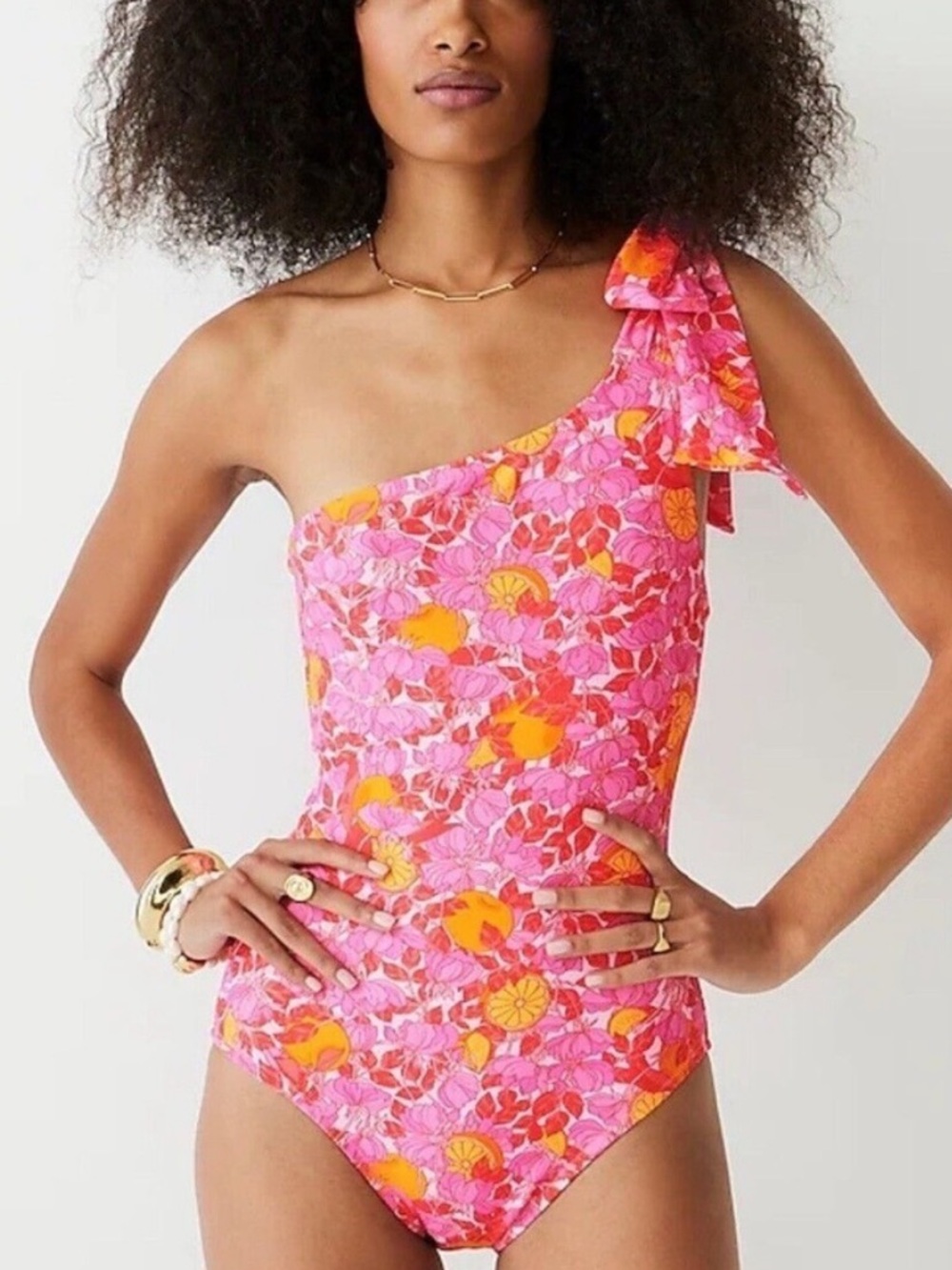 J.CREW bow one-shoulder one-piece swimsuit pink limone print resort size 14